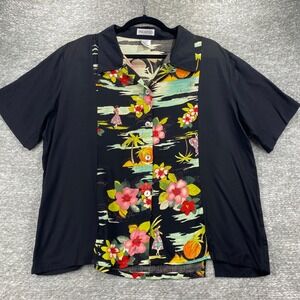 Paradiso Womens Large Hawaiian Floral Rayon‎ Top Button Front Black Blouse